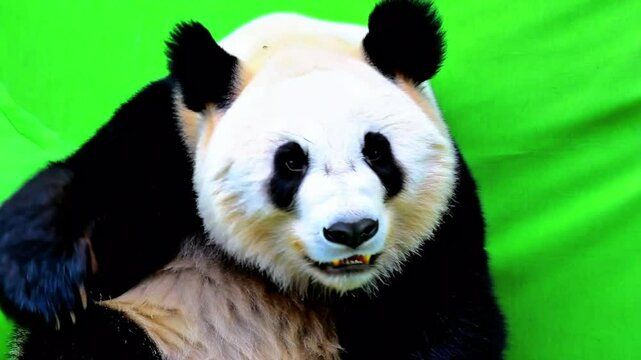 Dancing panda sitting, front paws raised, black and white markings, mouth open, light green background, playful, animated, joyful expression, lively movement.