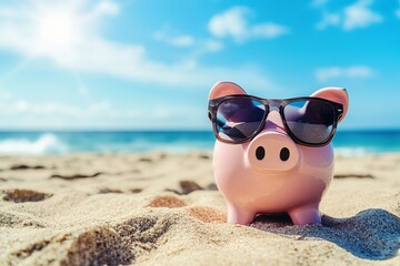 Pink Piggy Bank Summer Vacation Beach Savings Sun Sunglasses Happy Holidays Travel Fund Money sea sky joy sand rich blue cute icon ocean coast shore  
