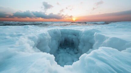 Obraz premium Breathtaking winter sunset over a frozen lake with a fishing hole at the horizon's edge inviting tranquility and adventure Generative AI