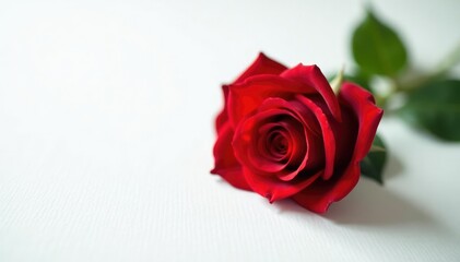 Fototapeta premium Single red rose on white background with subtle texture, nature, closeup
