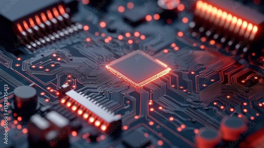 Poster nanotechnology science precision concept, close-up view of nanoscale circuit being tested for perfor