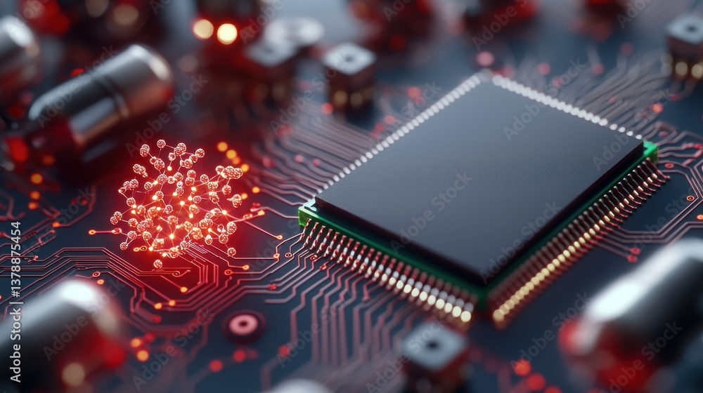 Poster nanotechnology science precision concept, close-up of nanoscale circuit being tested for performance