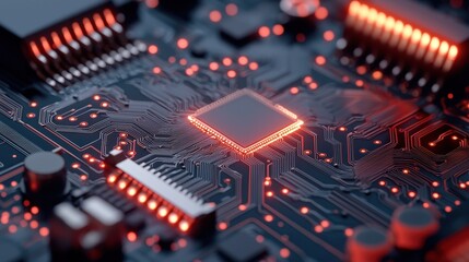 Obraz premium Nanotechnology science precision Concept, Close-up View of Nanoscale Circuit Being Tested for Performance Standard Version 2 with Vibrant LED Lights