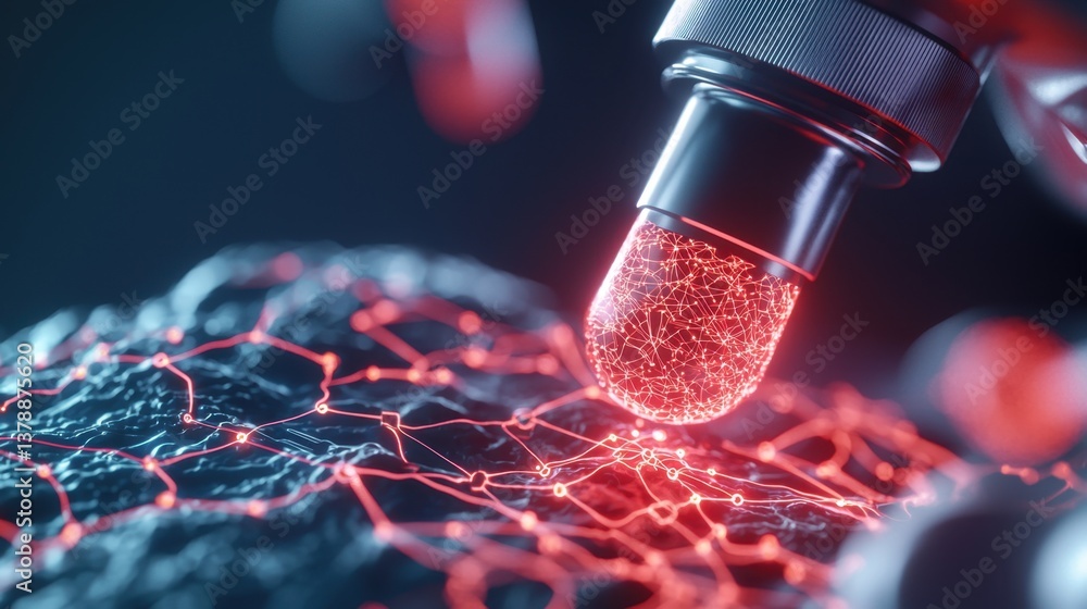 Poster nanotechnology science precision concept, close-up of nanoscale circuit being tested with advanced t