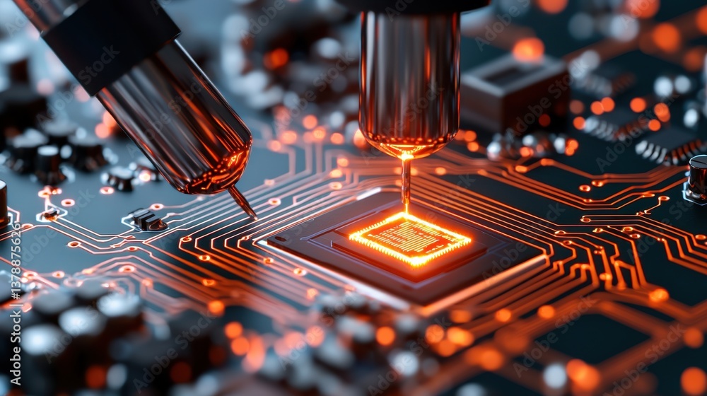 Poster nanotechnology science precision concept, close-up of nanoscale circuit being tested with precision 