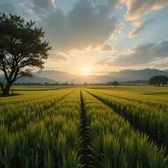 The crops in wheat agriculture and green background with cloudy sky in sun light and green trees 