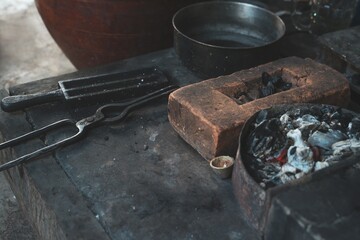 Traditional Metalworking Tools and Molten Metal Casting Process Ancient Craft Techniques