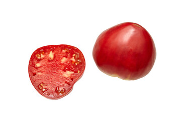 Red tomato whole and cut in half, on white background. Fresh and ripe. Top view