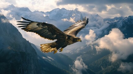 Obraz premium Majestic Golden Eagle Soaring Above Mountain Peaks, Dramatic Sky, Wildlife Photography, Freedom, Power, Nature.