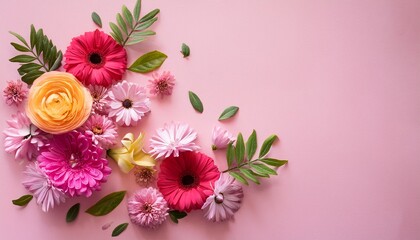 Fototapeta premium creative arrangement of colorful flowers on pink background spring nature flat lay