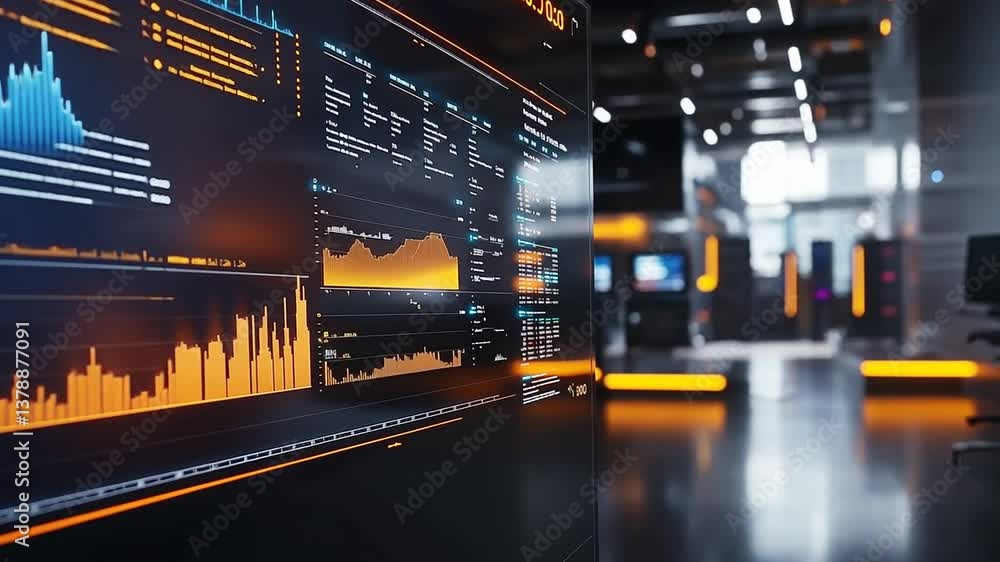 Poster futuristic data analysis on screen display with modern interior in the background