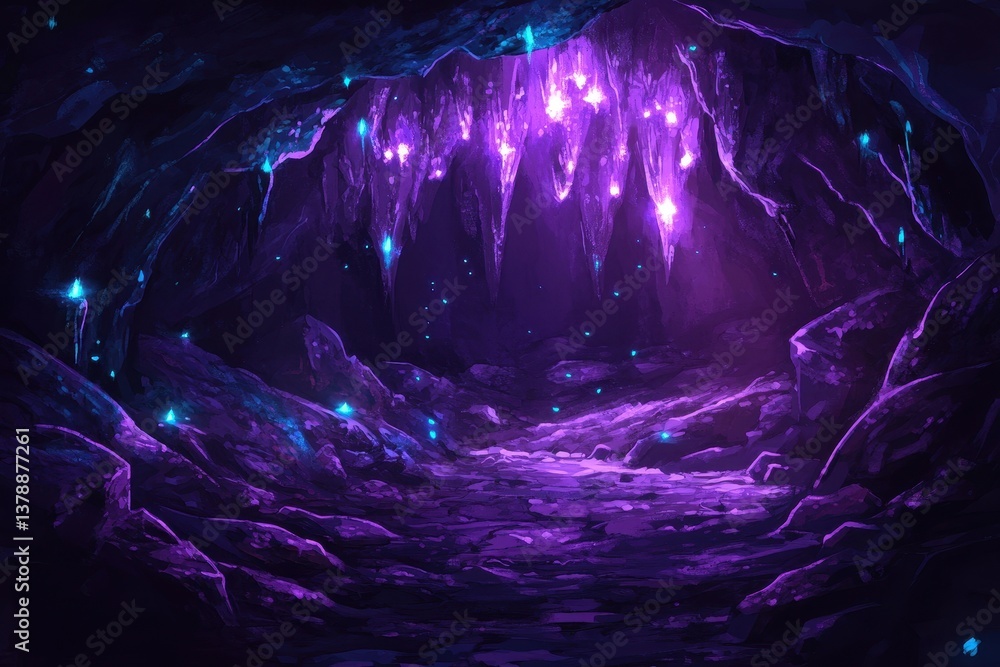 Poster a dark cave illuminated by mysterious glowing lights revealing hidden depths and unknown secrets dee