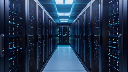 A sleek, high-tech data center corridor filled with server racks illuminated by cool blue lighting.
