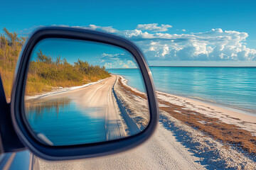 Fototapeta premium Coastal road reflected in a car mirror shows a serene seaside landscape