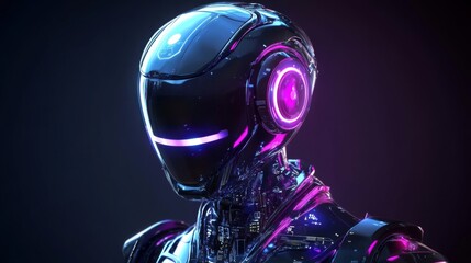Fototapeta premium Futuristic robotic android with neon pink and blue accents in dark background