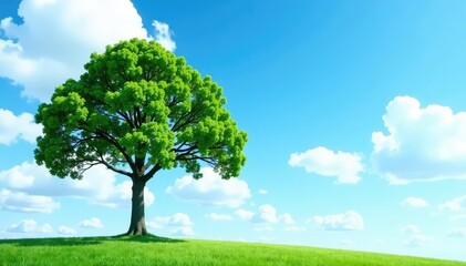 Fototapeta premium Tree against clear blue sky with fluffy white clouds, nature, empty, isolated