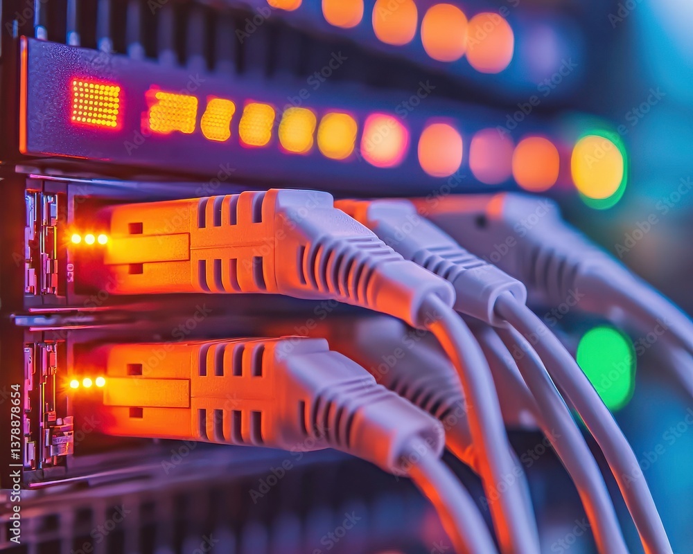 Poster a close-up of network cables connected to a server, illuminated by colorful led lights, showcasing t