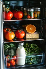 Refrigerator with healthy food. Vertical photo. The fridge is stocked with colorful produce, lean proteins, and wholesome snacks for a balanced diet.