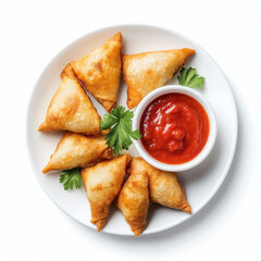 Crispy samosas served with chutney on a plate top view isolated on white background