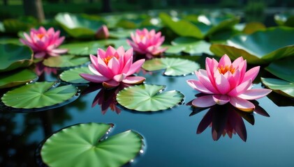 Water lilies create vibrant floral pattern on tranquil lake, design, waterlily, pink