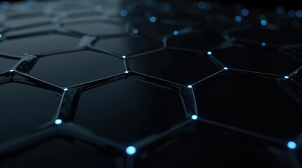 Fototapeta premium Technology background with a network of blue hexagons and electronic circuitry elements. Concept of connectivity