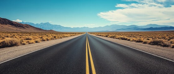 A long, straight road disappears into the horizon, surrounded by rugged desert landscapes under a clear blue sky.