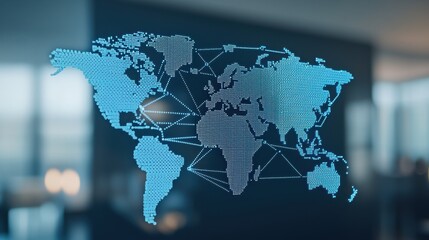 A digital world map displayed in a futuristic design, highlighting global connectivity through interconnected lines and nodes.