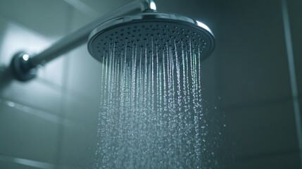 Close-up perspective of a showerhead expelling water in a modern bathroom setting
