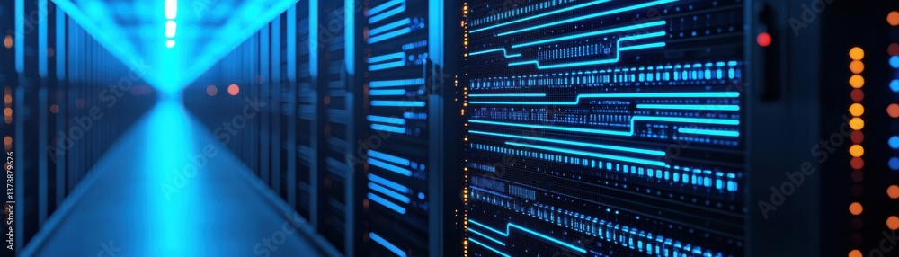 Poster a futuristic data center corridor with illuminated servers, showcasing advanced technology and digit