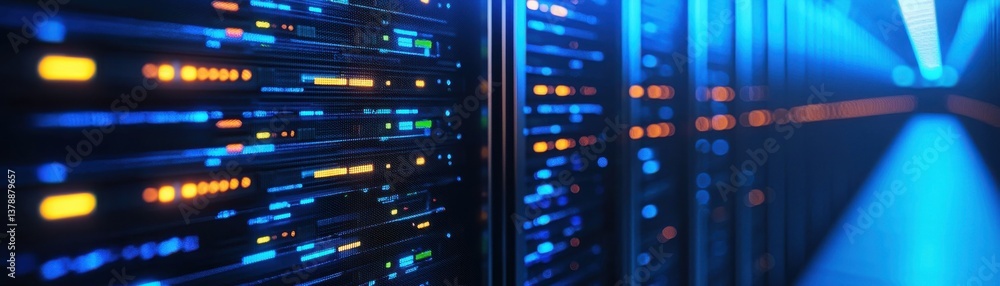 Poster a vibrant, illuminated server room showcasing rows of data storage units and glowing cables, reflect