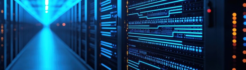 A futuristic data center corridor with illuminated servers, showcasing advanced technology and digital storage systems.