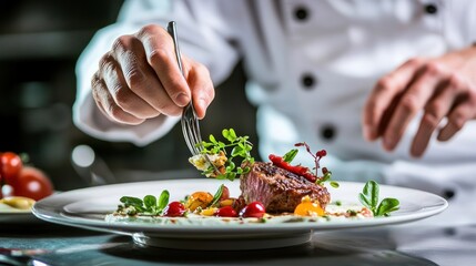 Exquisite dining: Chef meticulously plates a gourmet meat dish with artistic flair