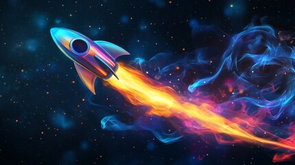 Colorful rocket launch in space with vibrant flames and cosmic background