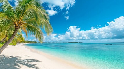 Stunning Tropical Beach Scene Idyllic White Sand Azure Ocean Palm Trees Summer Vacation Paradise Island Exotic Getaway Relaxing Holiday Tropical      