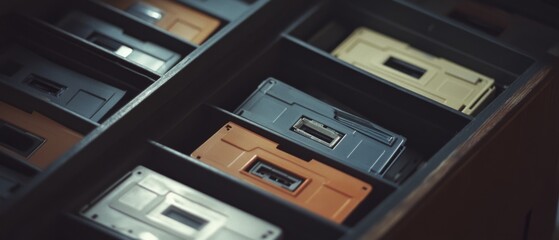 Fototapeta premium Neat arrangement of retro cassette tapes in drawers, evoking nostalgia and organization.