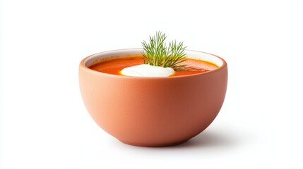 Rustic Terracotta Bowl of Vibrant Red Borscht Soup with Cream and Dill
