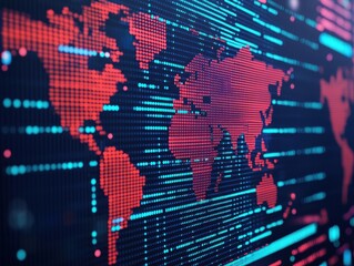 A digital representation of a world map using vibrant dots, illustrating data visualization and connectivity through lines and patterns.