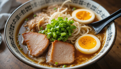Ramen Delight: A steaming bowl of ramen, featuring tender slices of meat, perfectly cooked eggs, and vibrant green onions, set against a rustic backdrop, embodying the essence of comfort food