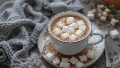 Cozy Cocoa Comfort: A steaming mug of rich cocoa, adorned with fluffy marshmallows, rests beside a soft woolen blanket and scattered sugar cubes, evoking warmth and indulgence.