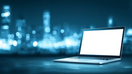 Modern workspace, laptop on table with stunning cityscape view in the background