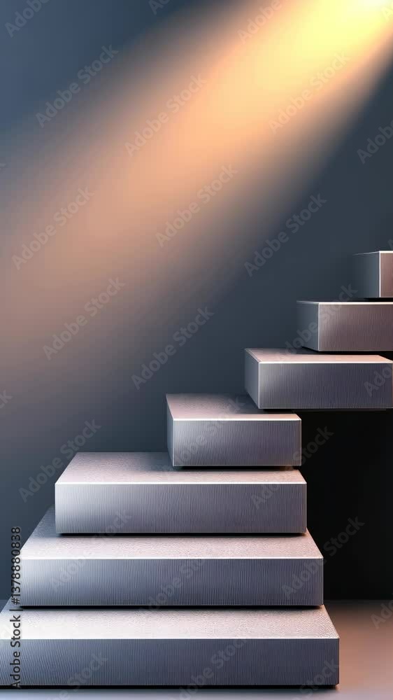 Poster studying the architectural design of modern stairs illuminated by warm light in a minimalist setting