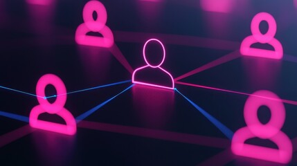 A digital illustration featuring interconnected user icons in neon pink, symbolizing social networks and digital connections.