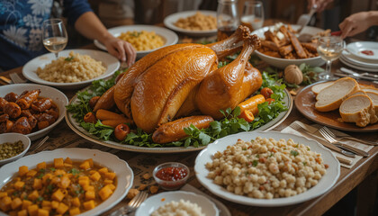 Obraz premium A Culinary Feast: A Thanksgiving meal is laid out on a rustic wooden table, featuring a golden-brown roasted turkey as the centerpiece, surrounded by an array of delicious side dishes and warm.