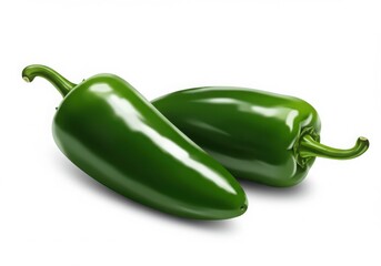 Two green jalapeño peppers lying side by side on a white surface with their stems still attached on transparent background