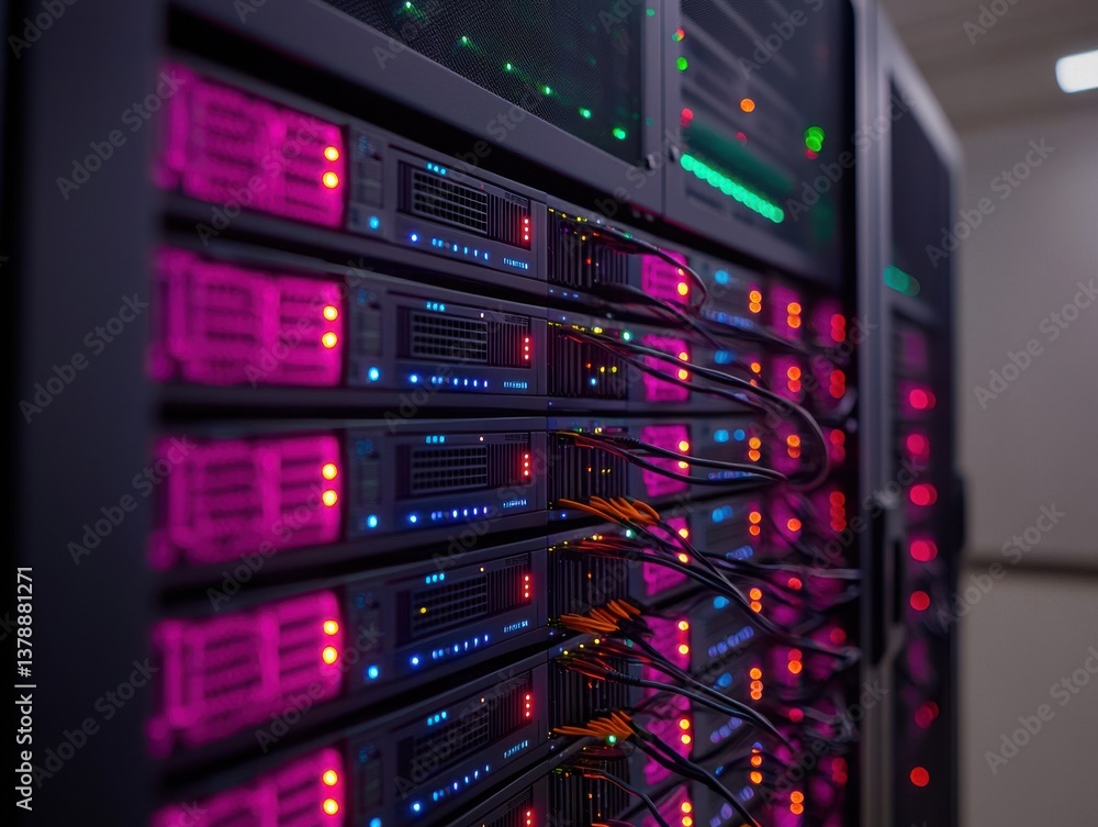 Poster a close-up view of a server rack with vibrant led lights and complex wiring, showcasing modern techn