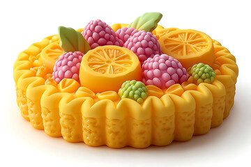 Bright yellow cake topped with lemon slices pink raspberries and green accents on a white background.