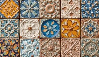 Clay and Earthenware Tiles Depict a selection of handcrafted clay tiles with unique glazes and textures, showcasing artisanal craftsmanship.