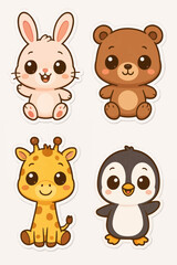 Fototapeta premium Set of cute cartoon animal characters including a bunny, a bear, a giraffe and a penguin, illustrated in a playful and colorful sticker design for children, fun and education purposes