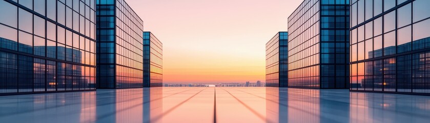 Fototapeta premium A stunning view of glass skyscrapers reflecting a vibrant sunset, creating a serene urban landscape.