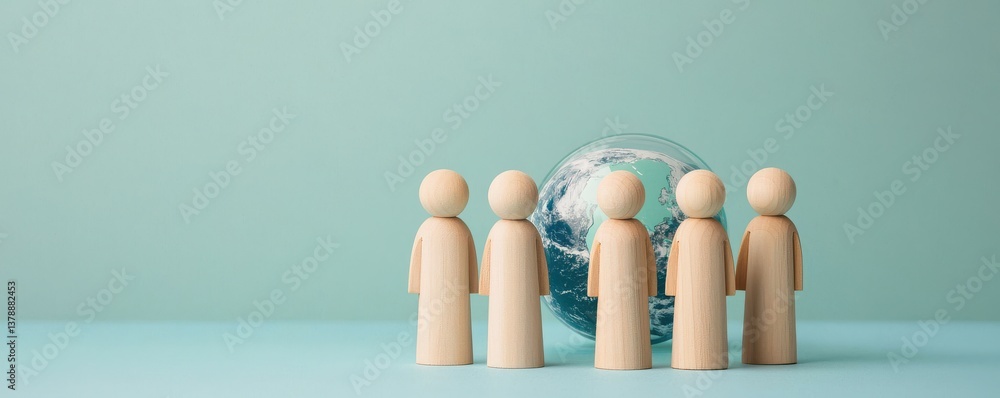 Poster wooden figures stand in front of a globe, representing unity and global awareness in a minimalist se